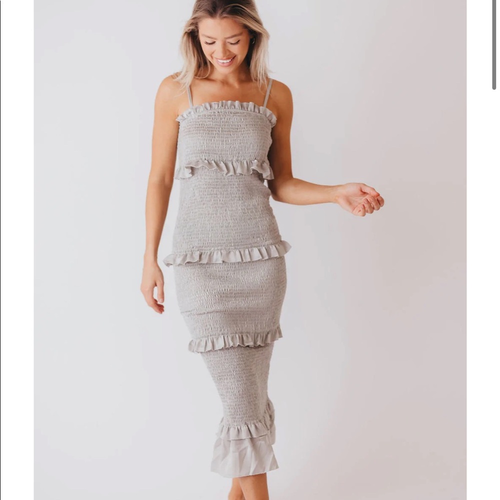 Paige Collective Simply Smocked Tiered Midi Dress in Dusty Sage